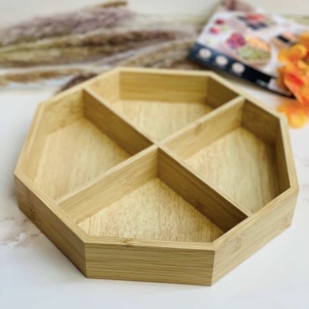 علبة تقديم خشب بامبو اربع اقسام بشكل سداسي